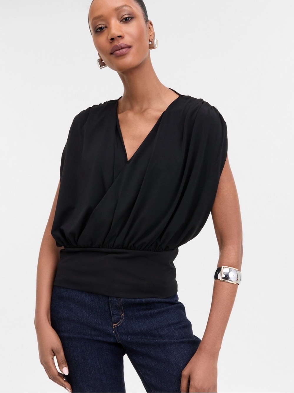 INC International Concepts Black V-Neck Draped Waistband Top